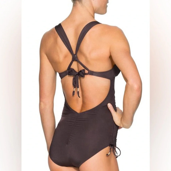 Athleta Aqualuxe one piece Ruched Tie Back Gray Full Coverage Medium - Picture 2 of 10